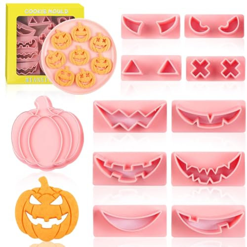Juego de Cortadores de Galletas de Halloween, 8 Piezas Cortadores de Galletas 3D Presionables para Halloween, Moldes Galletas Plástico Murciélago Fantasma Calabaza Cráneo para Fiesta (Q)