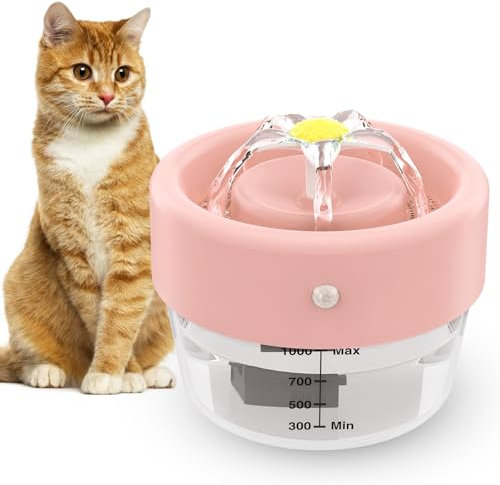 Jewyow Fuente Gatos Agua Inalámbrica, 1L Fuente para Gato Automática Ultra Silenciosa,1000mAh Fuente de Agua para Gatos Alimentada por Batería con Filtro, 25s, Modo de Dos Caños para Gatos-Rosa
