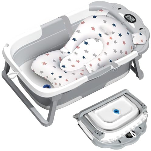 ITMNMNL Bañera Plegable Bebé,Bañera Bebe,Bañera Bebe Plegable con Termómetro Integrado,con Cojin Bañera Bebe,Bañeras para Bebes,Baby Bath Regalo de Nacimiento Ideal Para Niñas o Niños