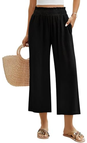 Niwicee Leinenhose Damen Hose Sommer 3/4 Culotte Weite Bein Sommerhose Elastische High Waist Leichte Loose Freizeithose Elegante Lounge Hosen mit Taschen (Schwarz, L)