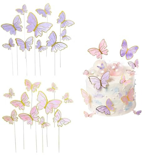 VPOUERY 60 Stücke Geburtstag Bat Mitzvah Tortenaufleger Girly Style Schmetterling Kuchen 3D Dekorationen Gemischte Größe Cupcake Topper für Geburtstag Hochzeit Party Essen