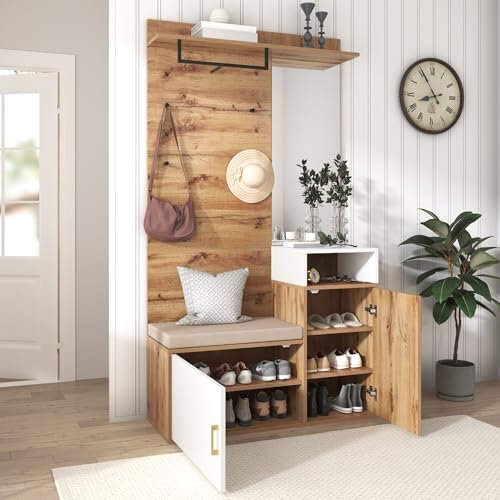 Azkoeesy Garderoben-Set, Flurgarderobe Set, mit Schuhschrank Sitzbank Spiegel und 4 Kleiderhaken - 104 L x 38,5 B x190 H(cm) (Natur + Weiß)