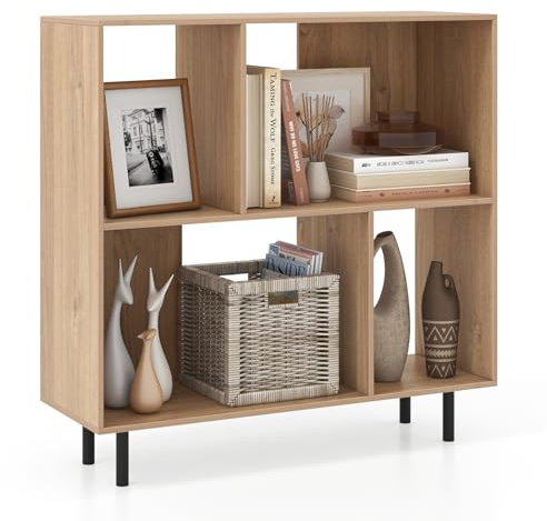 COSTWAY 4/6 Cube Storage Bookcase, Wooden Freestanding Bookshelf Side Cabinet with Metal Legs, Home Display Rack Organizer Unit for Living Room Hallway (Natural, 90 x 30 x 90cm)