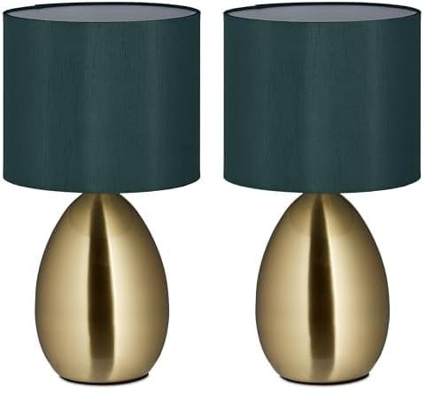 Relaxdays Nachttischlampe Touch dimmbar, moderne Touch Lampe, 3 Stufen, E14, Tischlampe mit Kabel, 33,5 x 18 cm, messing (Packung mit 2)