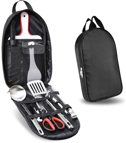 Camping Cooking Utensils Set, 9 Pcs Camping Accessories with Organizer | Camping Cutlery Kitchen Set with Multifunctional Cutlery Organizer with Scissors, Food Tongs, Rice Spoons, Cutting Boards,etc