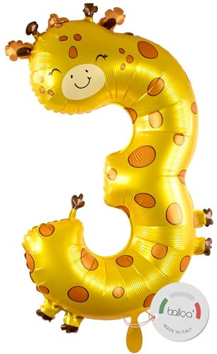 balloa Folienballon XXL Zahl 3 Giraffe, Helium Ballon Tiermotiv, Luftballon Zahl Drei Geburtstag Mädchen Junge, Geschenk zum 3 Geburtstag Kindergeburtstag Deko Ballon Zahl 3, 90cm