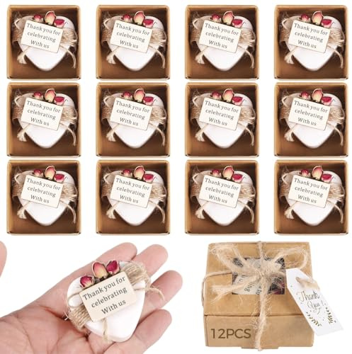 12 herzförmige Mini-Seifen, handgefertigt, duftende Gastgeschenke mit Rosen und Etiketten, Teeparty, Brautparty, Geschenke in Kraftschnur-Box