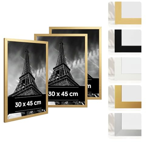 Estancia 3er-Pack Goldfarbene Bilderrahmen aus Kunststoff, 30x45 cm – 30 x 45 cm Rahmen mit Bruchsicherem Acrylglas – Moderner Fotorahmen für Wände und Tische