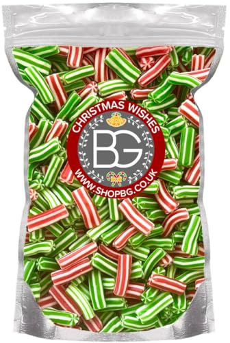 BG Christmas Xmas Red & Green Candy Poles Pick & Mix Sweets - Retro Xmas Sweeties Christmas Pick n Mix Sweeties Liquorice Style Stripey Watermelon & Strawberry Candy Canes, 800g Gift Pouch