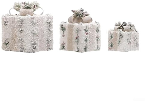Set mit 3 weihnachtlichen Leuchtkästen für den Innen- und Außenbereich, dekorative Beleuchtung mit weißem Plüsch-Finish, Metallrahmen und silberfarbenem Band, drei Größen, groß, mittel, klein