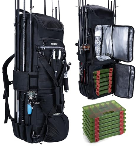Goture Angelrucksack mit 6 Köderbox Angeln, 116-Liter Angelzubehör-Rucksack mit Zwei Rutenhaltern und Regenschutz, 600D Oxford-Gewebe Wasserabweisende Angelgerätetasche mit verstellbarem Fach