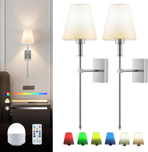 Warmiehomy Rechargeable Wall Lights Set of 2, Battery Operated Wireless Wall Sconces with Remote & Dimmable Bulb, 3 Color Temperature & 16 RGB Colors, Indoor Wall Lamp for Living Room Bedroom, Chrome