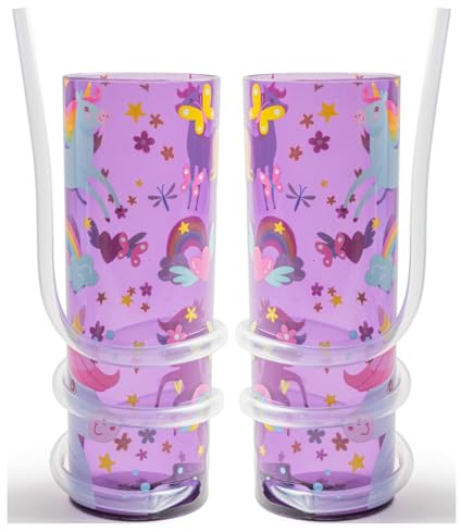 FabFinds Kids Drinks Cup with Curly Straw Reusable Drinks Cup 2 Pack (Purple Unicorn)