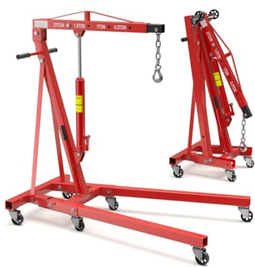 JIEYUGH Motorkran | Mobiler Werkstattkran | mit 6 Eisen-Lenkrollen Haken | Hydraulischer Werkstattkran klappbar für Lasten | Hydraulikzylinder Lenkrollen | für Garage und Werkstatt(2T)