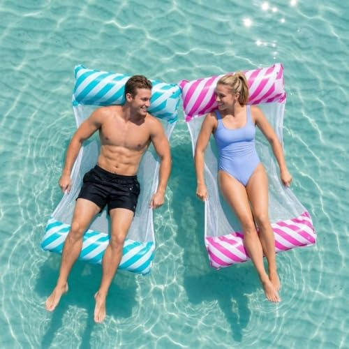 Lot de 2 Hamacs Gonflables Piscine Adultes – Hamac Aquatique 4-en-1, Matelas Flottant PVC Confortable, Lounge Gonflable pour Piscine, Mer, Plage, Vacances d’été, Relaxation, Été