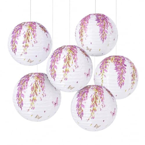 Wisteria Papierlaternen 6er Set 30cm Blumen Lampion Deko Hochzeit (Violett) | Wisteria Blumenmotiv 30cm Lampions 6er Set Schmetterling Deko Hochzeit Gartenparty Sommer Baby Shower Foto Hintergrund