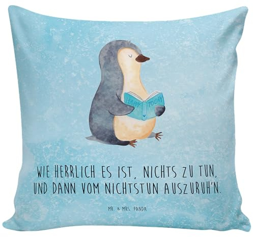 Mr. & Mrs. Panda Sofakissen Pinguin Buch - Geschenk, nichtstun, Kissen 40x40, Kissenhülle 40x40, Lesen, Kopfkissen 40x40, Pinguine, Freizeit,