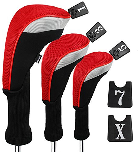 Andux 3pcs/Set Golf 460cc Driver Fairway Wood Club Head Covers Long Neck Black/Red