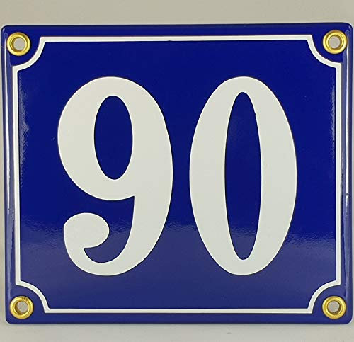 Emaille Schild Hausnummer 90 Blau-Weiß Handarbeit