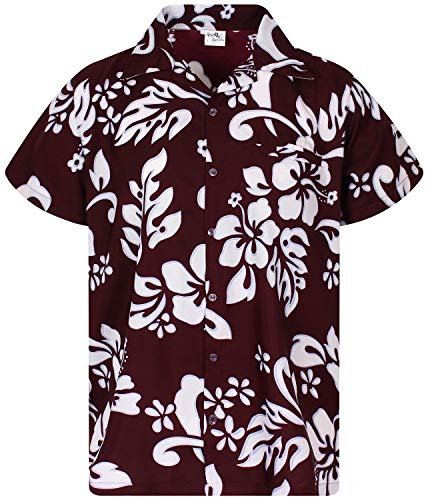 King Kameha Funky-Chemise-Hawaienne, Manche-Courte, Hibiscus, Rouge-Marron, 3XL