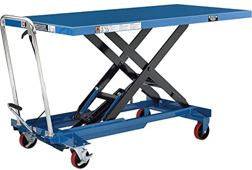 Global Industrial Long Deck Mobile Scissor Lift, Oversized 63L x 32W Platform, 1100 Lbs Capacity, Foot-Operated Single Scissor Lift Table, Steel, Blue