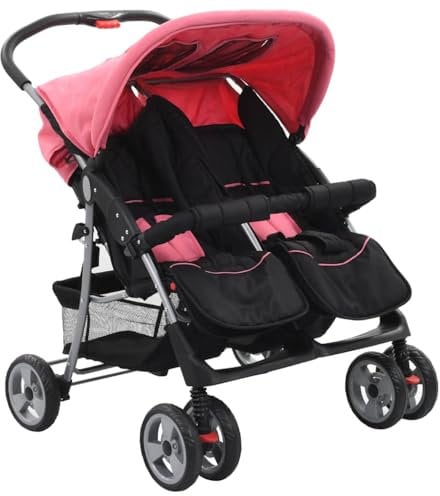 vidaXL Passeggino Gemellare Pieghevole Leggero Regolabile Bloccabile Trasportino Bambini Neonati Rosa e Nero in Acciaio e Tessuto Oxford