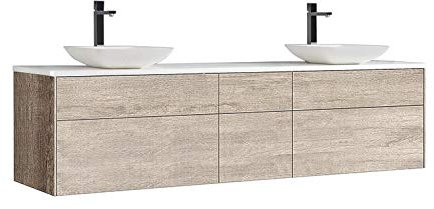 StoneArt Badmöbel Set Mineralguss Waschbecken Waschschale Aufsatzwaschbecken und Unterschrank Waschtisch Einzel- oder Doppelwaschbecken Venice VE-2000pro-2 Eiche hell 200cm