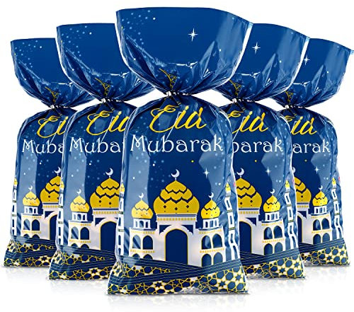 100 Stücke Eid Mubarak Party Treat Taschen, Blau Gold Ramadan Moschee Gedruckte Muster Geschenkbeutel Zellophan Klar Plastik Goodie Favor Taschen mit 100 Silber Twist Krawatten