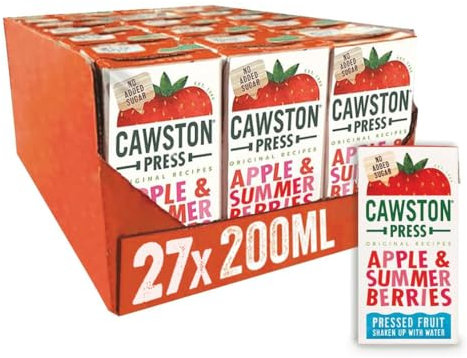 Cawston Press Fruit Water Kids Drink | Pressed Summer Berries Flavoured Water | 200ml x 27 Pack Berries & Apple Juice Cartons | School Approved – No Added Sugar – Vegan | Ideal for Kids Lunchbox