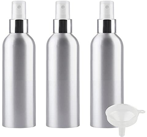 TIANZD 3 Pcs 200ml Empty Silver Aluminium Fine Mist Spray Bottle with White/Silver Metal Spray Head Refillable Travel Alu Bottles for Body Sprays, Room Fragrances, Perfumes, Hair, Garden, Funnel