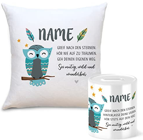 OWLBOOK Boho Eule Geschenkset Kinder Spardose und Kissen Personalisiert mit Namen Geschenke Geschenkideen für Kinder Baby Junge Mädchen zum GeburtstagWeihnachten Einschulung Taufe Geburt Sparschwein