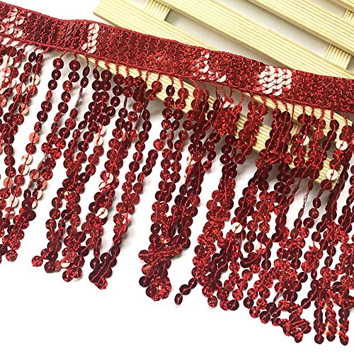 1 Yard 16cm Pailletten Fransen Quaste Fransenborte Fransenband Schnittfranse Dekoband Zierband Dekoborte Tanzfransen Nähzubehör für DIY Basteln Apparel Kleidung,Kostüme,Nähen,Dekoration,Rot