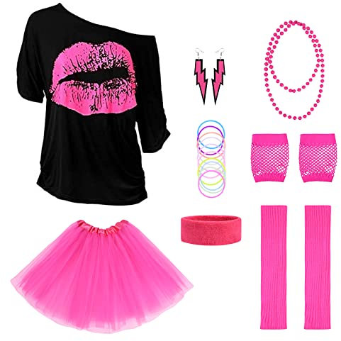 Aomig 80er 90er Jahre Outfit Damen, 8PCS 80er Faschingskostüme Damen mit T-Shirt Tutu Stirnband Ohrring Halskette Beinlinge, 80er Jahre Outfit Damen Setfür Frauen Kleidung Neon Party Karneval (XXXL)