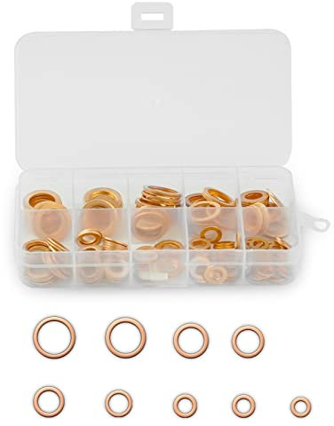 Gvolatee 200 unidades Arandelas de Cobre, Arandelas planas de cobre anillo de sellado, arandelas planas con caja clasificadora para sujetar con tornillos (M5/M6/M8/M10/M12/M14)