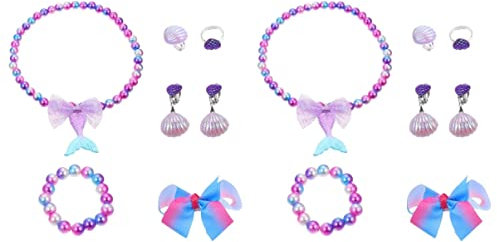 jojofuny Kinderanzüge Perlenkette 2Sets Clip Ohr für Geburtstagsgeschenk Lila Ohrringe Kopfschmuck Haarnadel Vortäuschen Ohrring Spielschmuck Ring von Dekorativ Muschelkette Kinderspielzeug