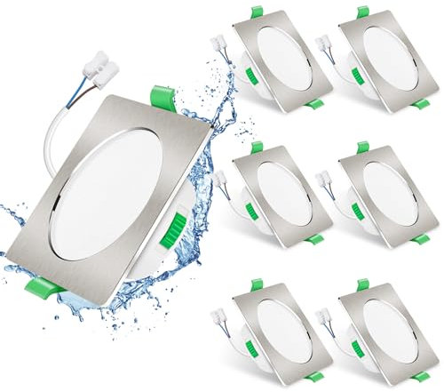 ALUSSO LIGHTING LED Einbaustrahler 230V Deckenspots flach Dimmbar 7W Ultra Slim Spots IP44 Deckenstrahler Einbauleuchten für Badezimmer Küche, 3000K/4000K/6500K Einbauspots, Quadrat Nickel 6er Set