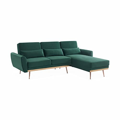 Alice's Home - Canapé d'angle Convertible. réversible 3 Places. Velours Vert Anglais. Pieds Fins Or Rose
