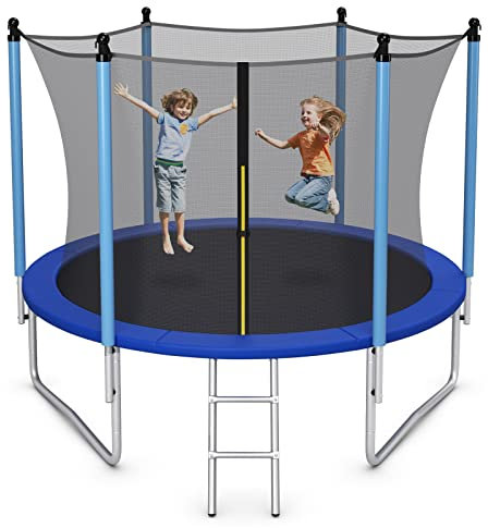 GYMAX Trampoline d'Extérieur Enfant, Trampoline de Jardin en Acier & PE+PVC, Trampoline de Loisirs avec Filet de Sécurité & Échelle, Supporte Jusqu'à 80/100/150/150 kg, Noir + Bleu (∅244cm)