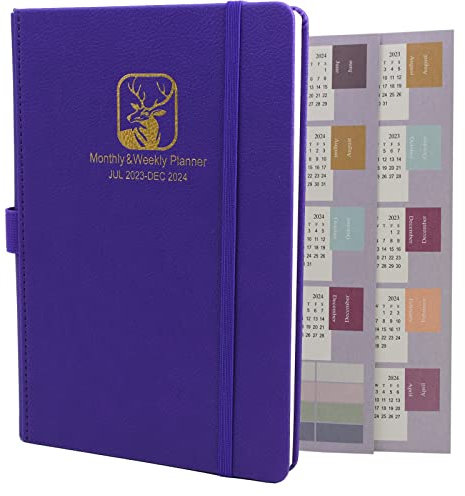 Kalender 2023 2024 Wochenplaner,Terminplaner 2023 2024,18-Monate-Terminplaner von Jul 2023 bis Dec.2024,A5 Hardcover Planer mit dickes Papier, Innentasche, elastischer Verschluss (Lila)