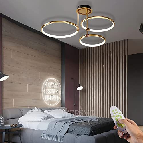 WERSVG Modern LED Deckenleuchte Wohnzimmerlampe Deckenlampe gold 3-Ring Deckenleuchte 60W 4800LM Dimmbar 3500K-6500K Mit Fernbedienung flurlampe decke, für Schlafzimmer Wohnzimmer Küche Esszimmer