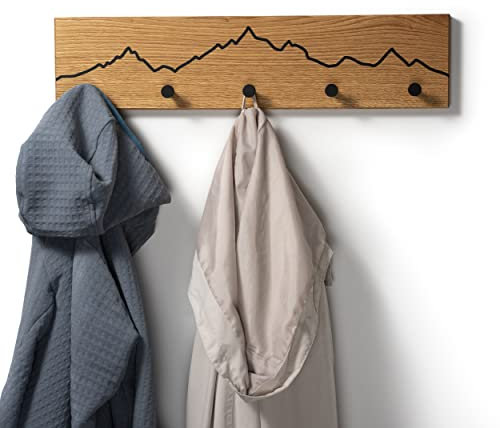 WOODS Garderobe aus Eichenholz mit Berg Motiv | handgefertigt in Bayern | Garderobenleiste Holz | Hakenleiste Wandgarderobe Flur & Bad (schwarze Haken, 85cm (7 Haken))