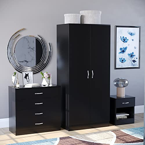 Vida Designs Riano 3 Piece Bedroom Furniture Set, 2 Door Wardrobe, 4 Drawer Chest Of Drawer and 1 Drawer Bedside Cabinet (Black) (Trio 1)