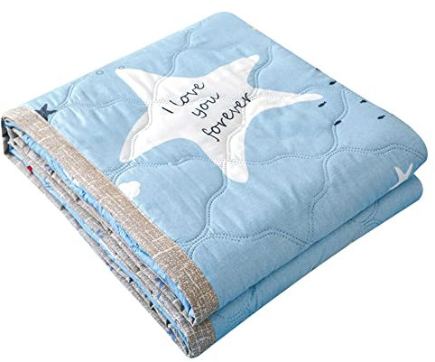 Surwin Reversibel Tagesdecke Bettüberwurf aus Mikrofaser Wattiert und Gesteppt Steppdecke mit Niedlicher Druck für Doppelbett Einzelbett Sommer Sofaüberwurf Decke (Hellblauer Stern,150x200cm)
