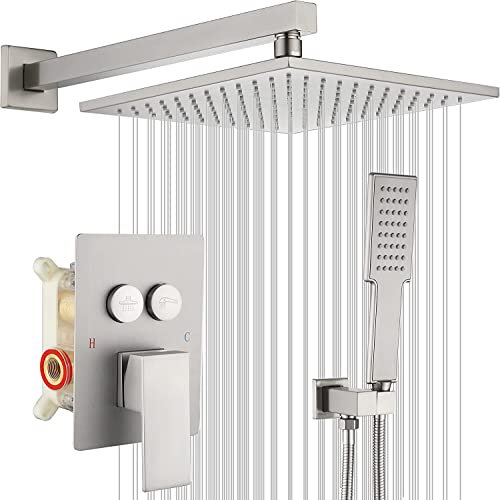 Duschsysteme Wandmontiertes Messing mit 10 Zoll Regenduschkopf Druckknopf Umschaltung Duscharmaturen und Handbrause Combo Set, Luxus Duschset,Brushed Nickel