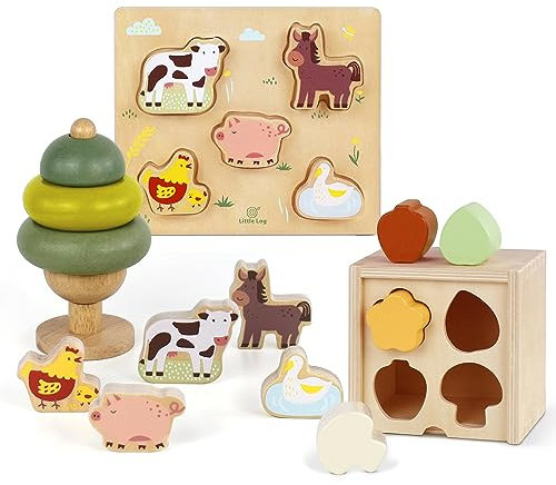 Little Log Holz Montessori Spielzeug 3 in 1 Stapelturm aus Holz,Steckwürfel Formensortierer Sortierer Spielzeug, Tier Holzpuzzle Motorikspielzeug für Kleinkinder Lernspielzeug Geschenk für Baby