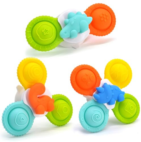 ECHOCUBE Jouets tournants à Ventouse, 3 PCS Jouets sensoriels tournants, Cadeau d'anniversaire, Jouets en Silicone à Ventouse, Jouets de Bain pour Les Enfants en Bas âge, garçons et Filles.