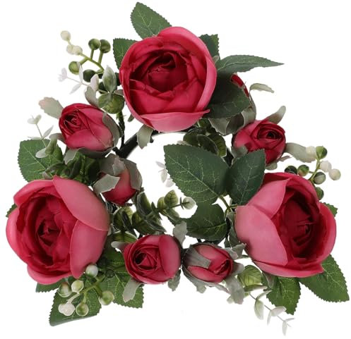 Uonlytech Rosen Kerzenring Eukalyptus Kerzenkranz Blumenkranz Adventskranz Weihnachtskranz Seidenblumen Dekokranz für Weihnachten Stumpenkerzen Teelichter Säulen Hochzeit Geburtstag Deko