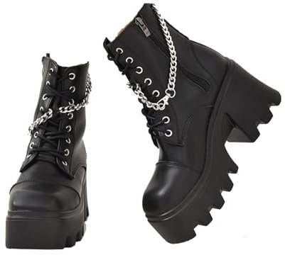 LeaHy Women's Platforms Wedge Heel High Heel Ankle Strap PU Chain Side Zip Biker Military Combat Boots,Black,3 UK
