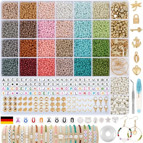 HOLDLEAF 3mm Bunte Perlen für Armbänder Charm Kit,Perlen zum Auffädeln mit 400 A-Z Ä Ö Ü ß Buchstabenperlen,Armbänder Selber Machen mit Glasperlen Perlen Set für Weihnachten Geburtstage