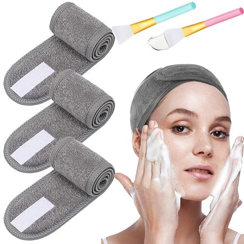3 Stück Makeup Haarband, Verstellbares Stretch-Handtuch mit Magic Tape mit 2 Stücke Silikonpinsel, Spa Gesicht Stirnband für Schminken und Gesicht Waschen Frottee Haarband(Grau)